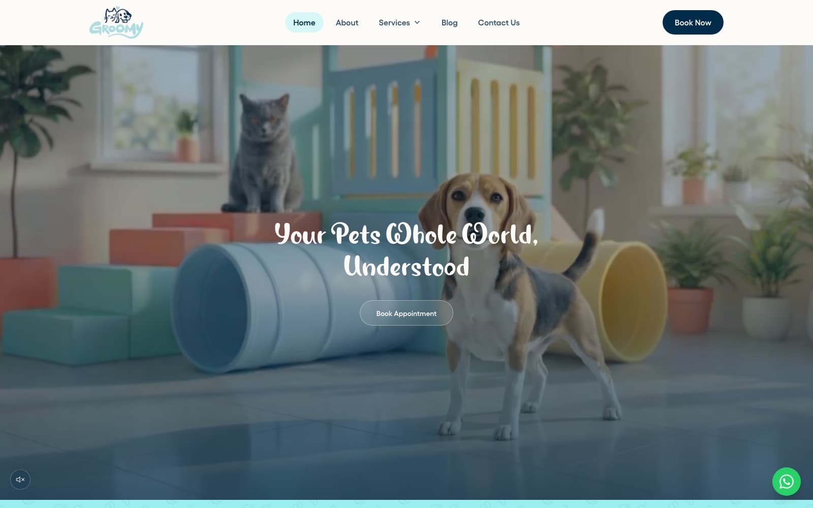 GroomyPet homepage hero: a cat and a beagle in a pastel pet play area under the headline 'Your Pets Whole World, Understood'