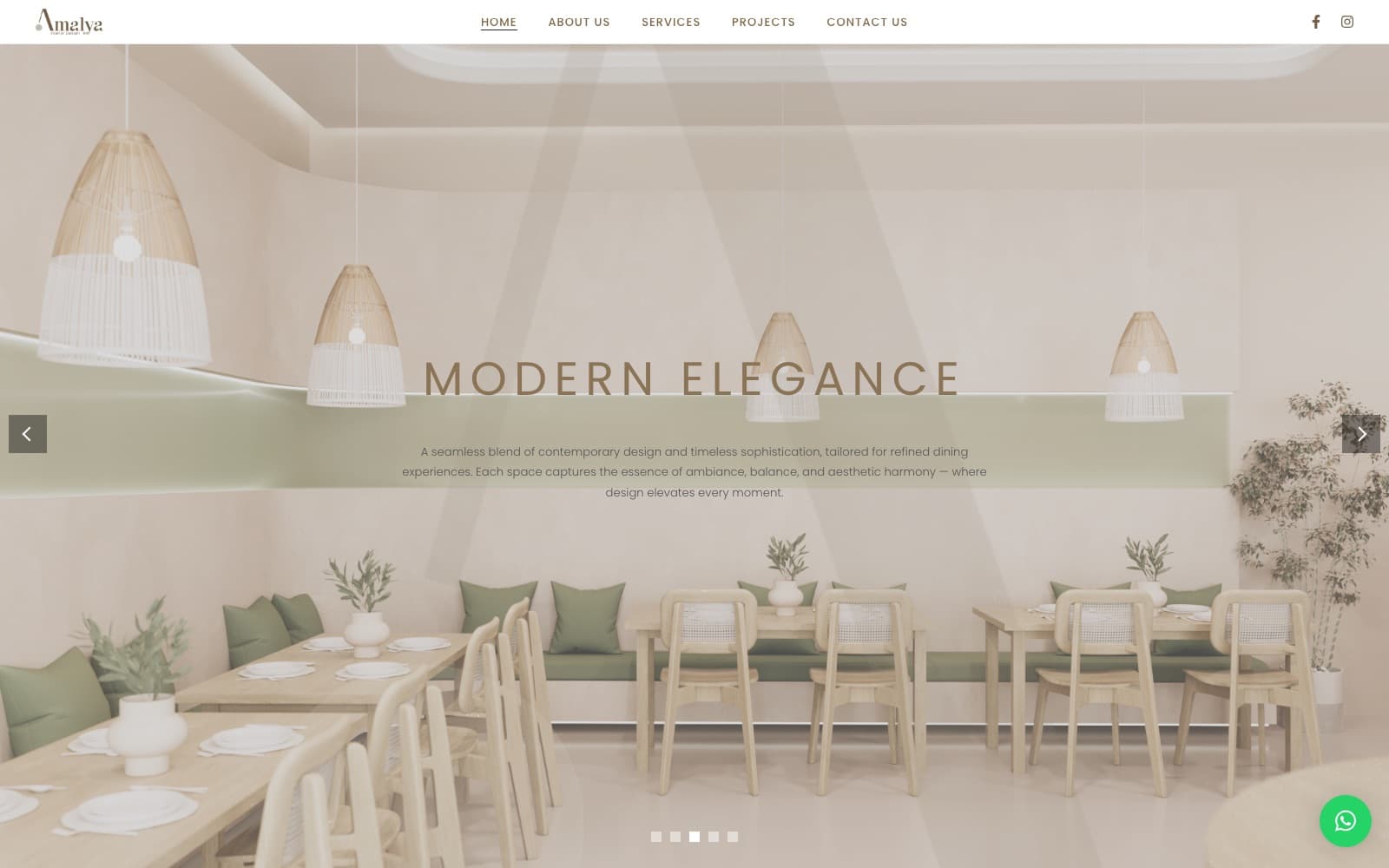Amalya Interiors homepage on the 'Modern Elegance' slide: a warm minimalist restaurant interior with rattan pendant lamps