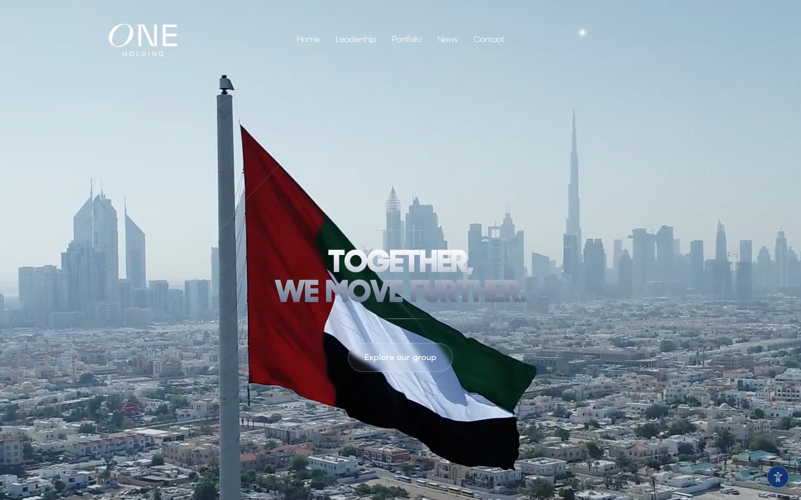 ONE International Holding homepage hero: the UAE flag flying over the Dubai skyline under the headline 'Together, we move further.'