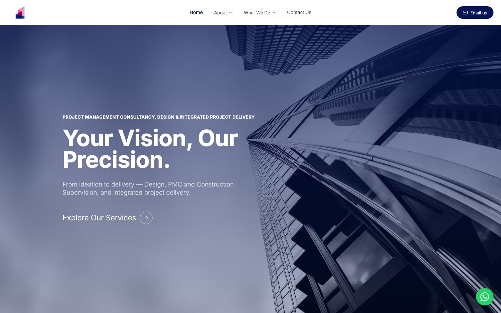 Terra Group homepage hero: skyscrapers seen from below behind the headline 'Your Vision, Our Precision.'